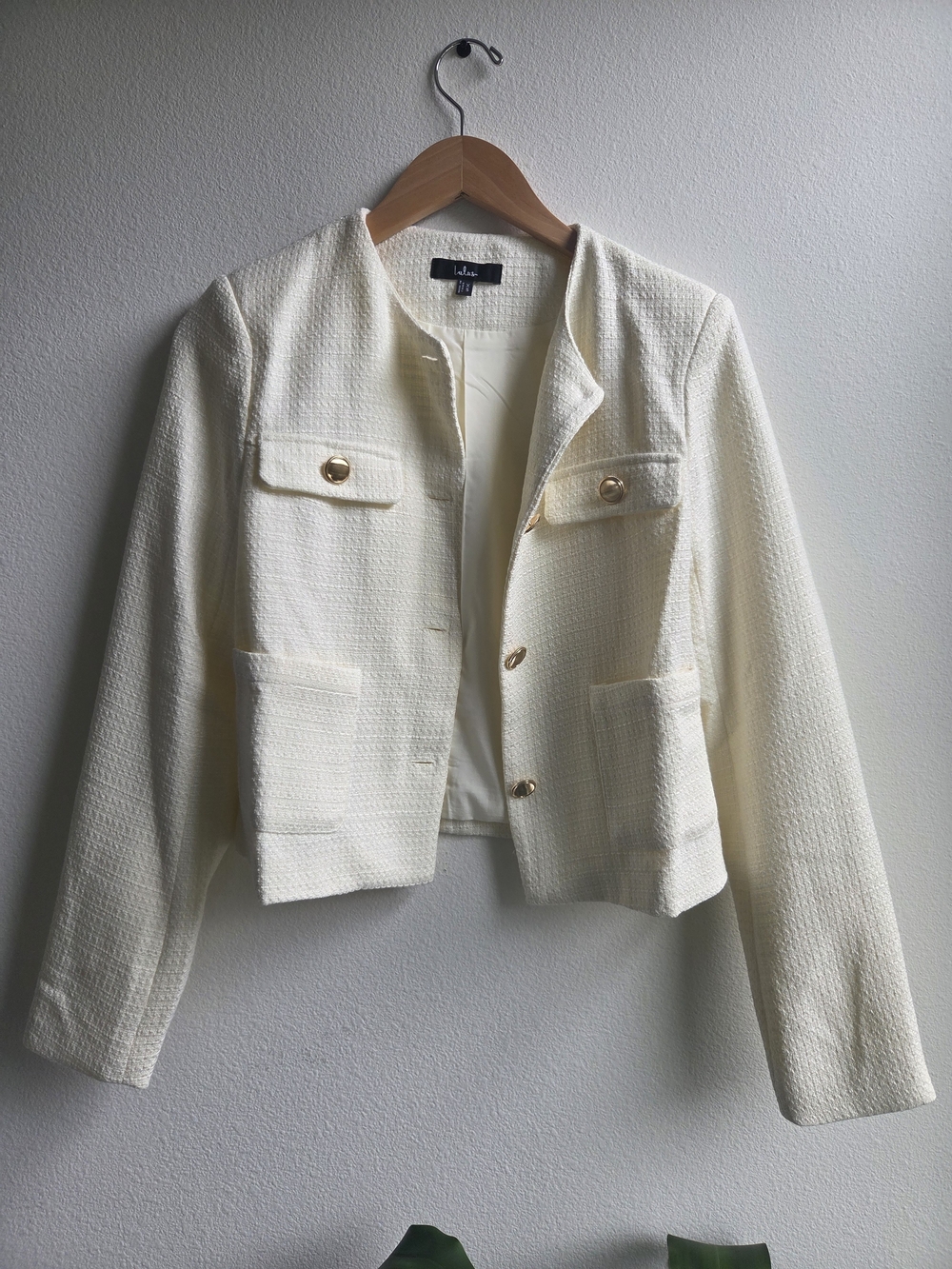 Lulu's Ivory Textured Cropped Blazer with Gold Buttons